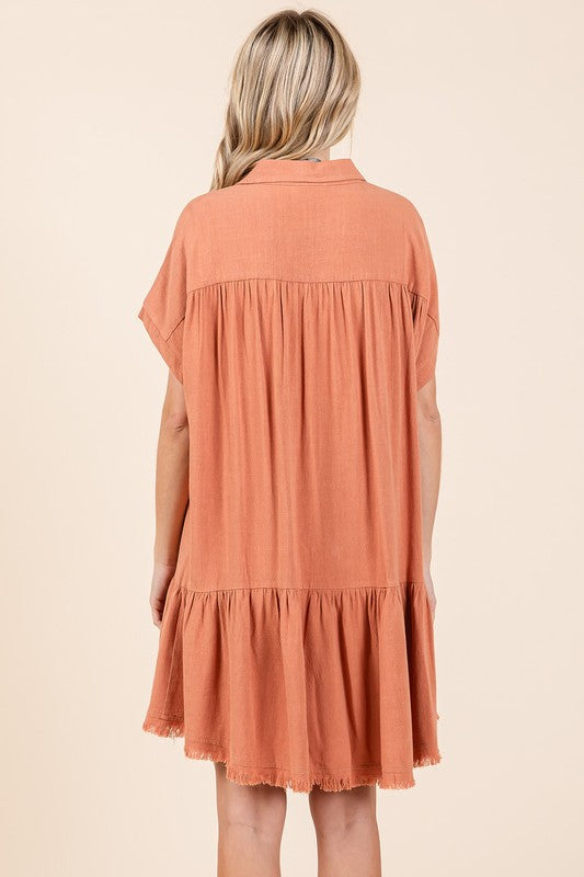 Linen Blend Button Down Shirt Mini Dress for Women