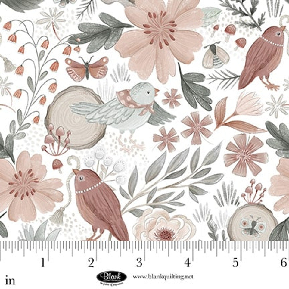 Tissu en coton avec oiseaux blancs et pétales de fleurs & pewter