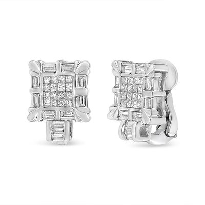 Pendientes de aro huggie en oro blanco de 14K con diamantes enmarcados en cuadrado