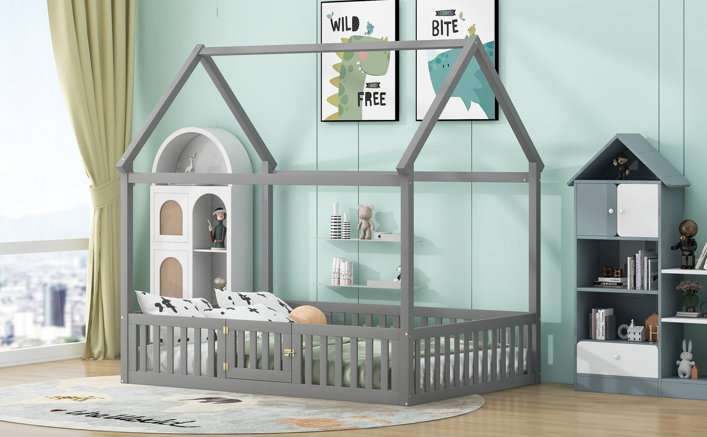 Full Size Wood House Bed with Fence and Door, Gray - Korvel