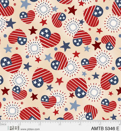 Cream Patriotic Hearts Fabric - 44"/45" Per Yard
