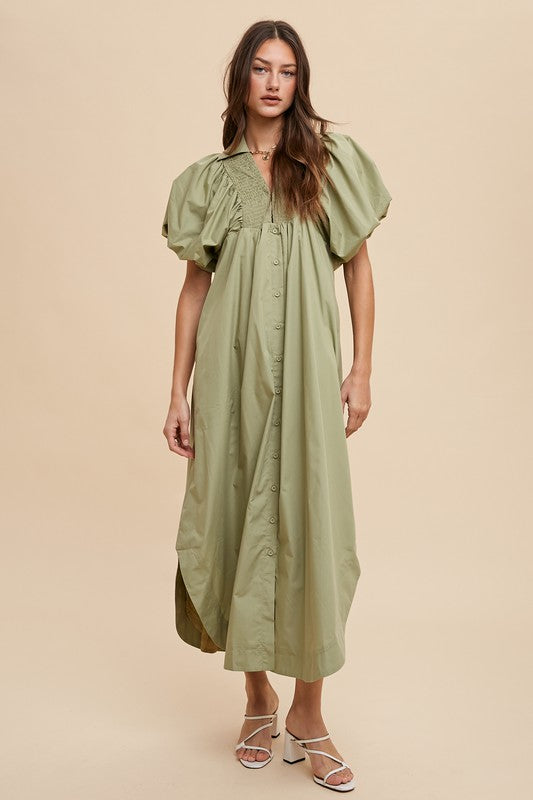 Vestido Midi de Manga Abullonada con Fruncido - Diseño Elegante y Moderno