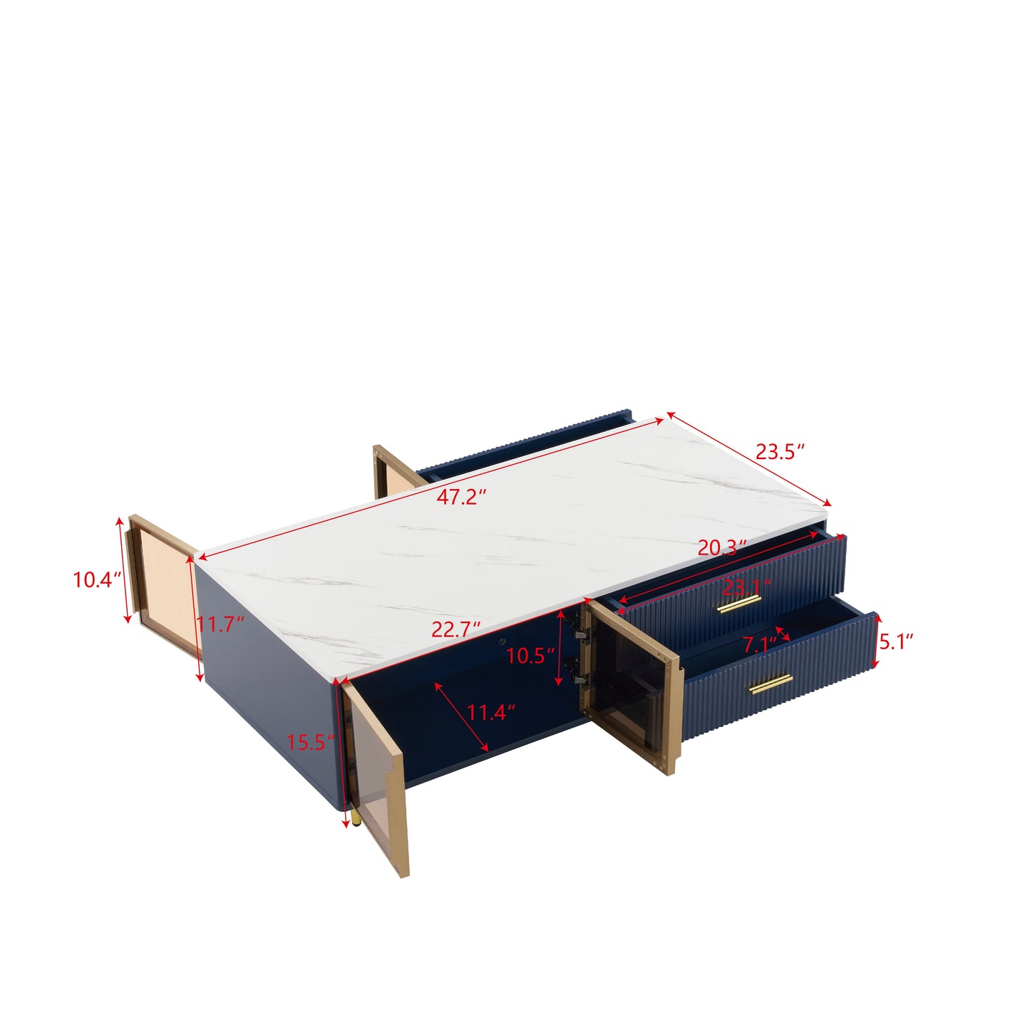 Modern Navy Blue Coffee Table with 2 Glass Door Storage, 4 Drawers, Gold Metal Legs, and Multi-Color Lighting in 47.2'' - Korvel