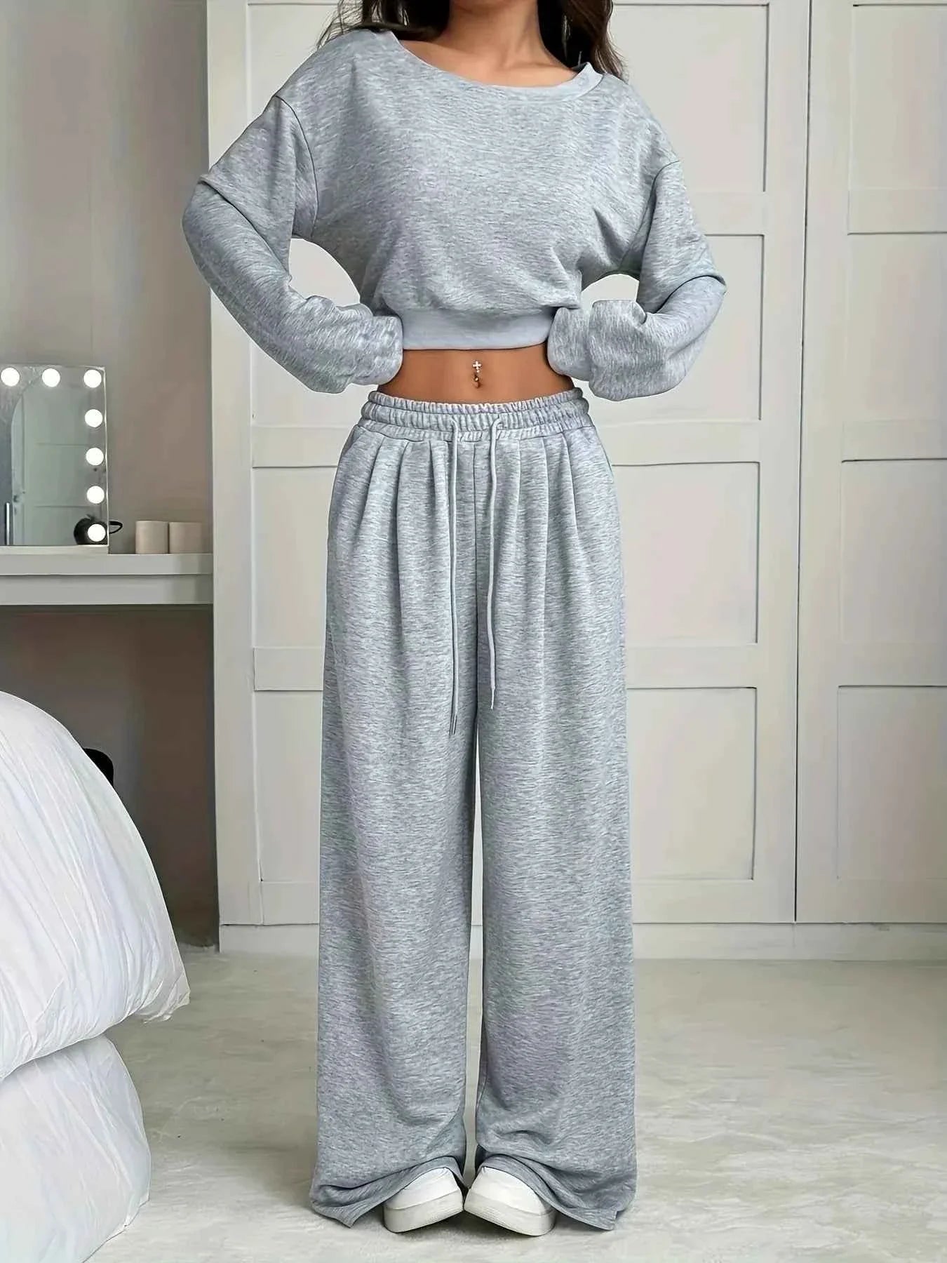 Plus Size Boat Neck Crop Top & Wide Leg Pants Set