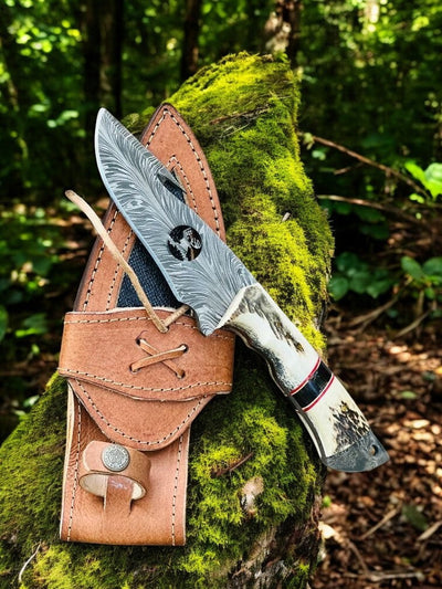 Premium Handmade Guthook Knife – 5" Feather Damascus with Antler Grip - Korvel