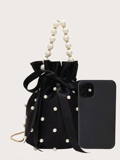 Pearl Detail Solid Color Bucket Bag - Korvel