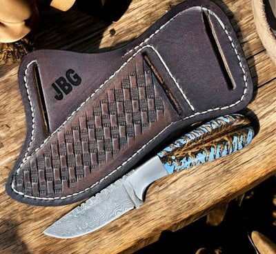 Turquoise Damascus Steel Knife with Cross Draw Sheath - 7.25" - Korvel