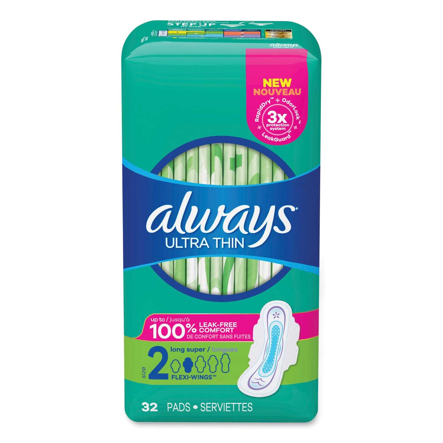 Always Ultra Thin Pads con Alas, Tamaño 2, Largo, Súper Absorbentes, 32/Paq