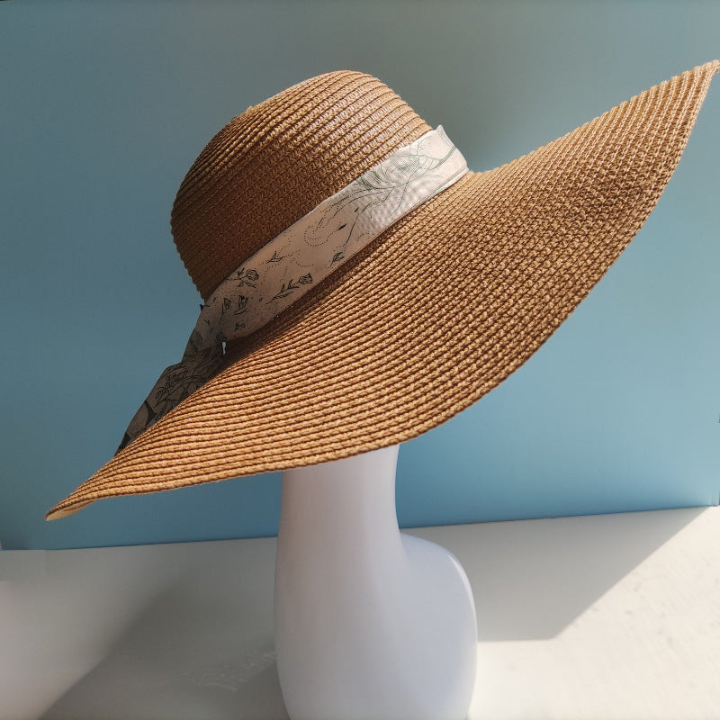 Brim Full Cover Face Hat with Elegant Ribbon Decoration
