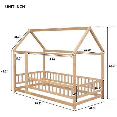 Twin Size Wooden Bed with House Roof Frame and Guardrails