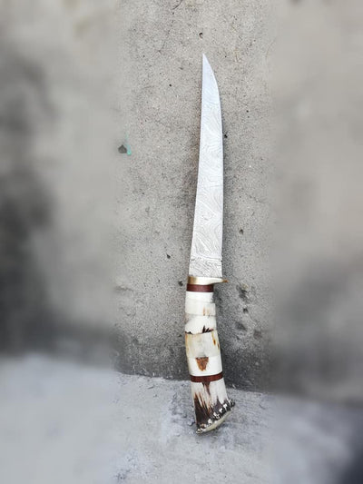 Exquisite Handmade Damascus Steel Fillet Knife with Stag Horn and Brass Guard - 12-Inch - Korvel