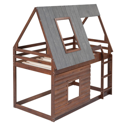 Wood Twin Size House Bunk Bed with Roof, Ladder and 2 Windows, Oak & Smoky Grey - Korvel