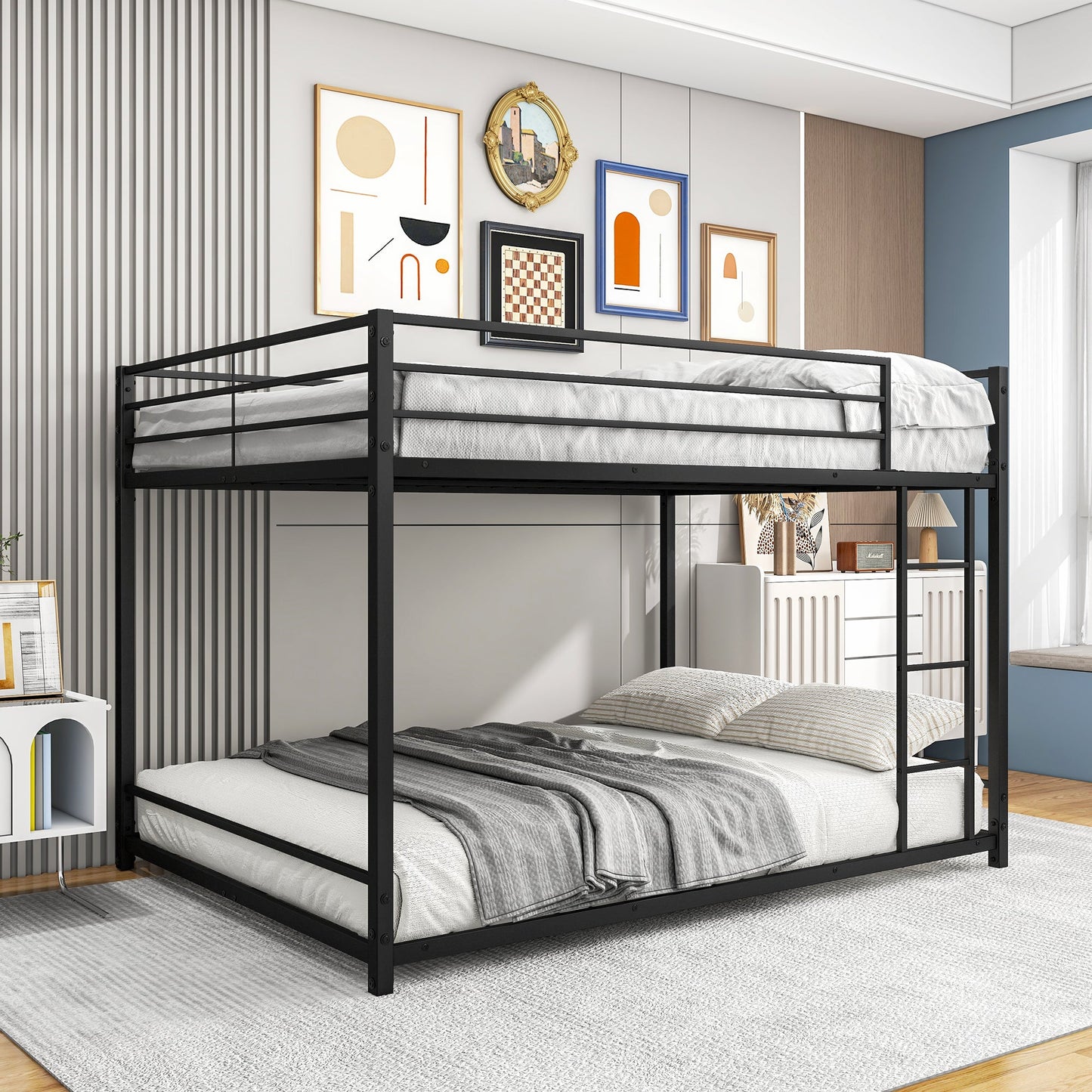 Metal Bunk Bed Full Over Full Bunk Bed Frame with Safety Guard Rails Heavy Duty Space-Saving Design Easy Assembly Black - Korvel