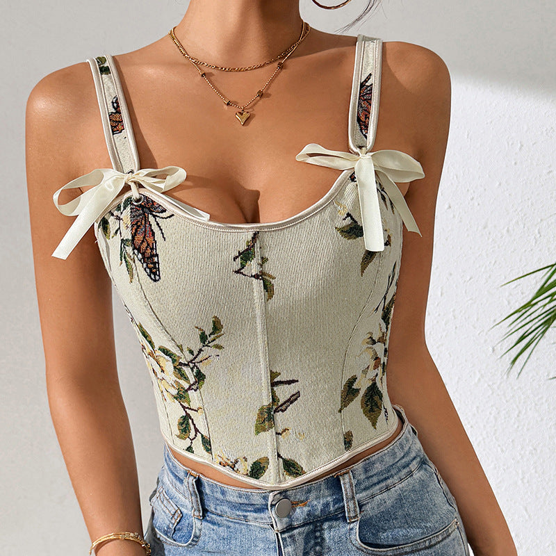 French floral retro vest with floral suspender - Korvel