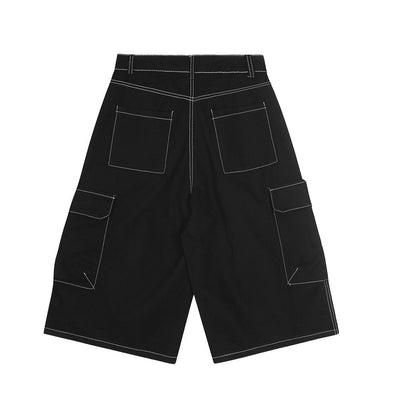 High Street American Style Workwear Cargo Shorts for Men with Topstitching Design and Metal Accessories, Multi-Pocket Denim Shorts - Korvel