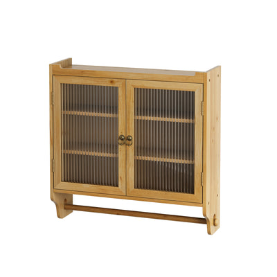 24.8 '' Glass door retro double door wall cabinet with three levels of storage space with towel rack, original wood color - Korvel