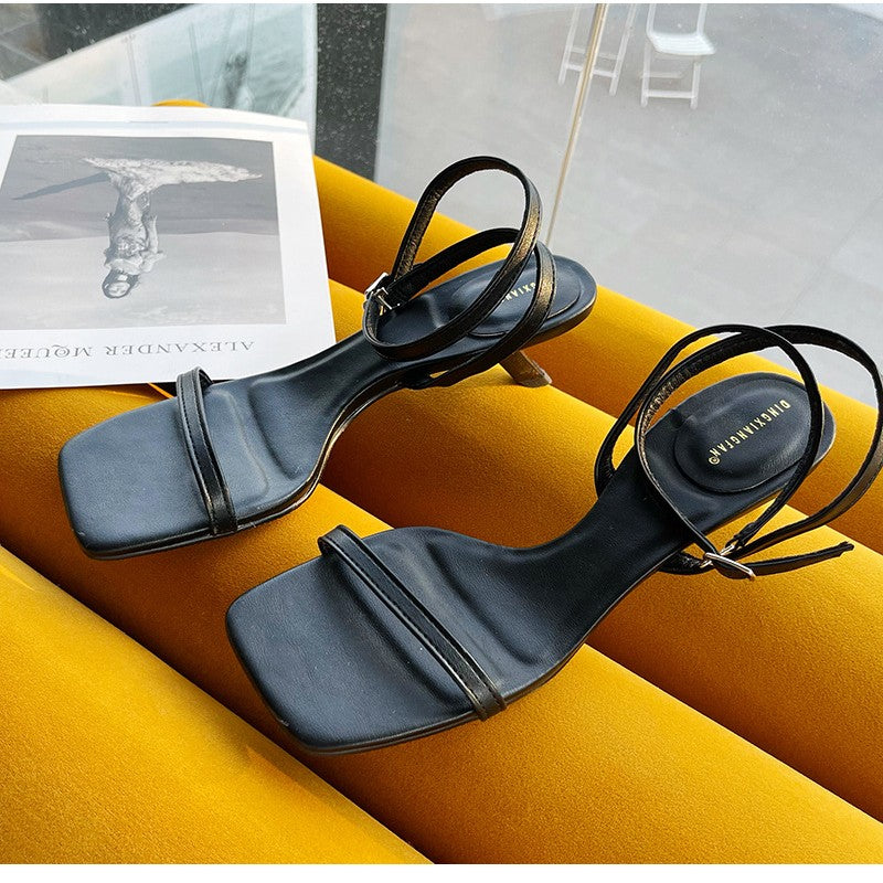 Chic Square Open Toe Women’s Sandals with Mid Heels