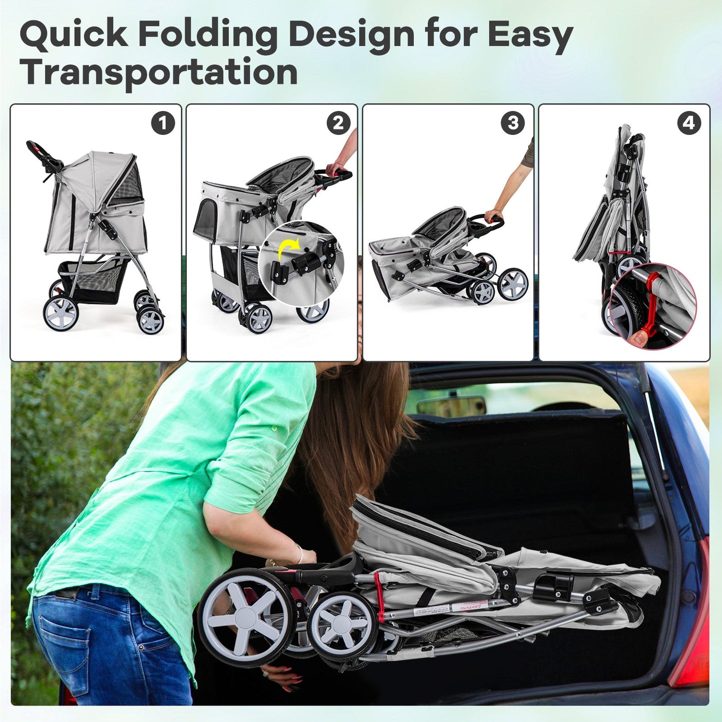 Carrito de Mascotas Plegable con Canasta de Almacenamiento y Capota Ajustable - Gris