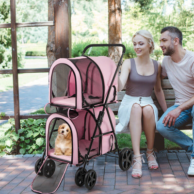 Poussette double 4-en-1 pour animaux avec transporteur détachable - Rose