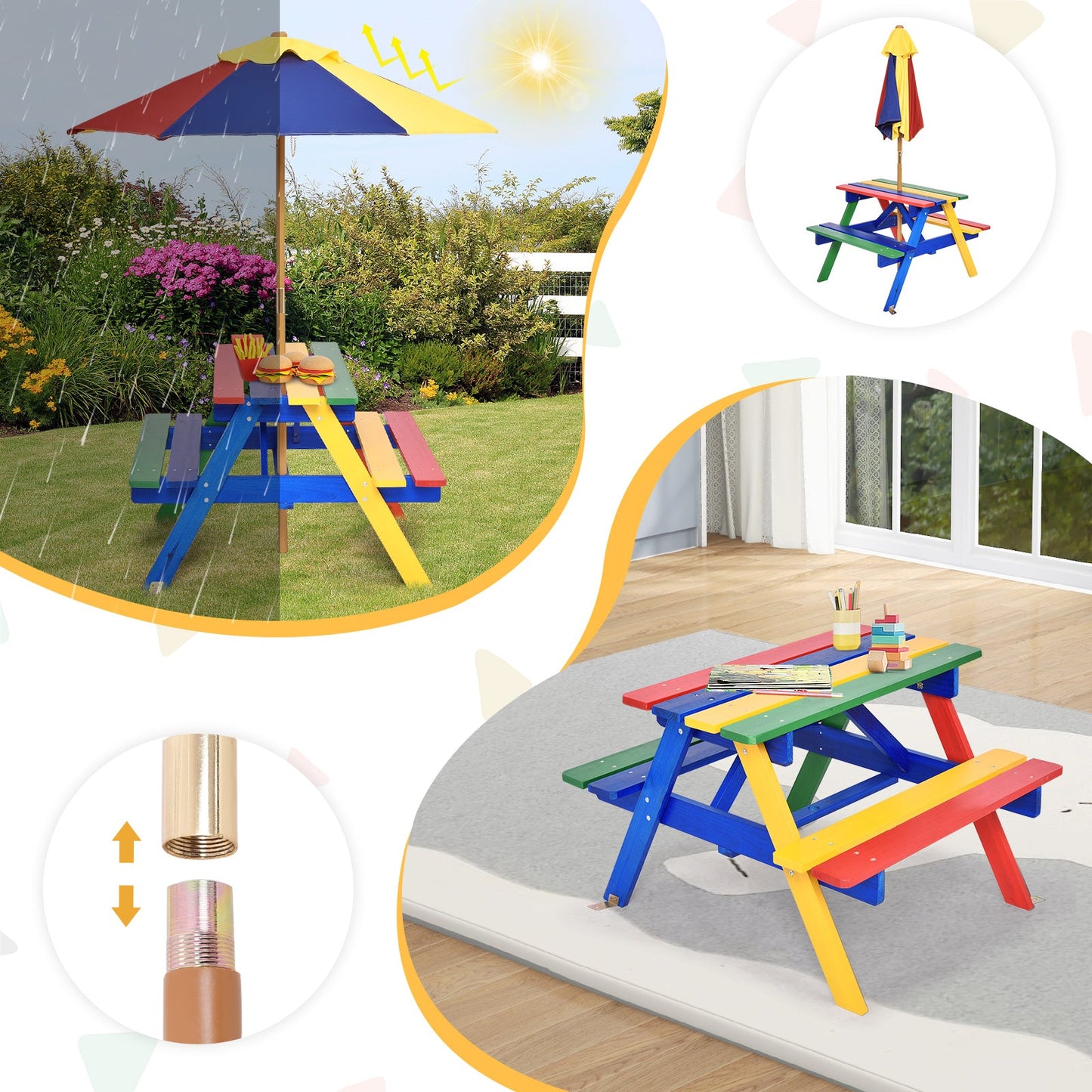 4 Seat Kids Picnic Table with Umbrella - Multicolor