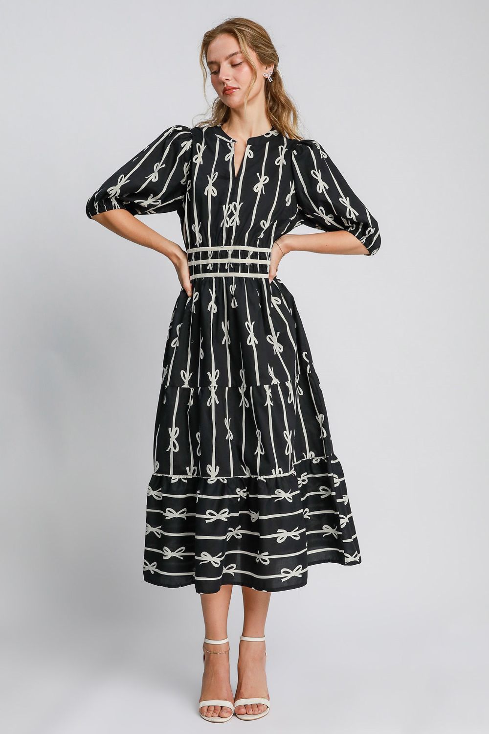 Bow Tie Print Notched Velvet Trim Midi Dress