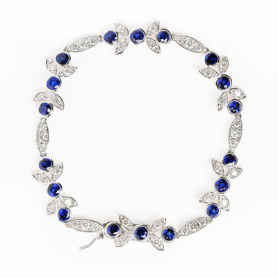 Pulsera de eslabones florales de diamante y zafiro azul en oro blanco de 18 quilates - Tamaño 7"