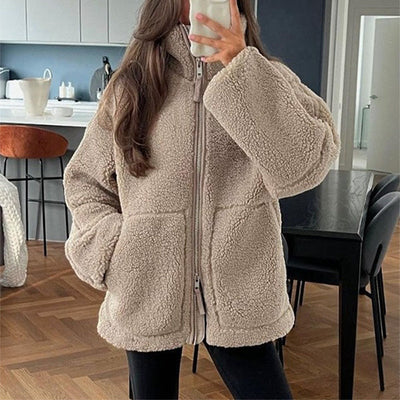 Elegant Winter Lapel Zip-Up Coat with Pockets