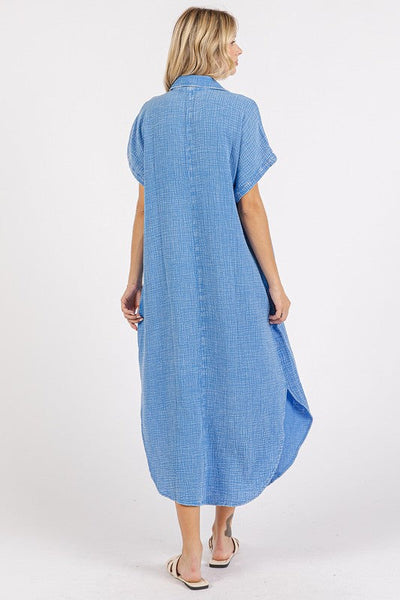 Mineral Wash V-Neck Button-Up Midi Shirt Dress