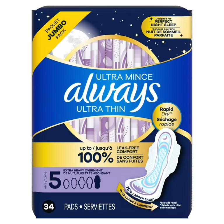 Always Ultra Thin Size 5 Extra Heavy Overnight Pads - 3 Packs of 34