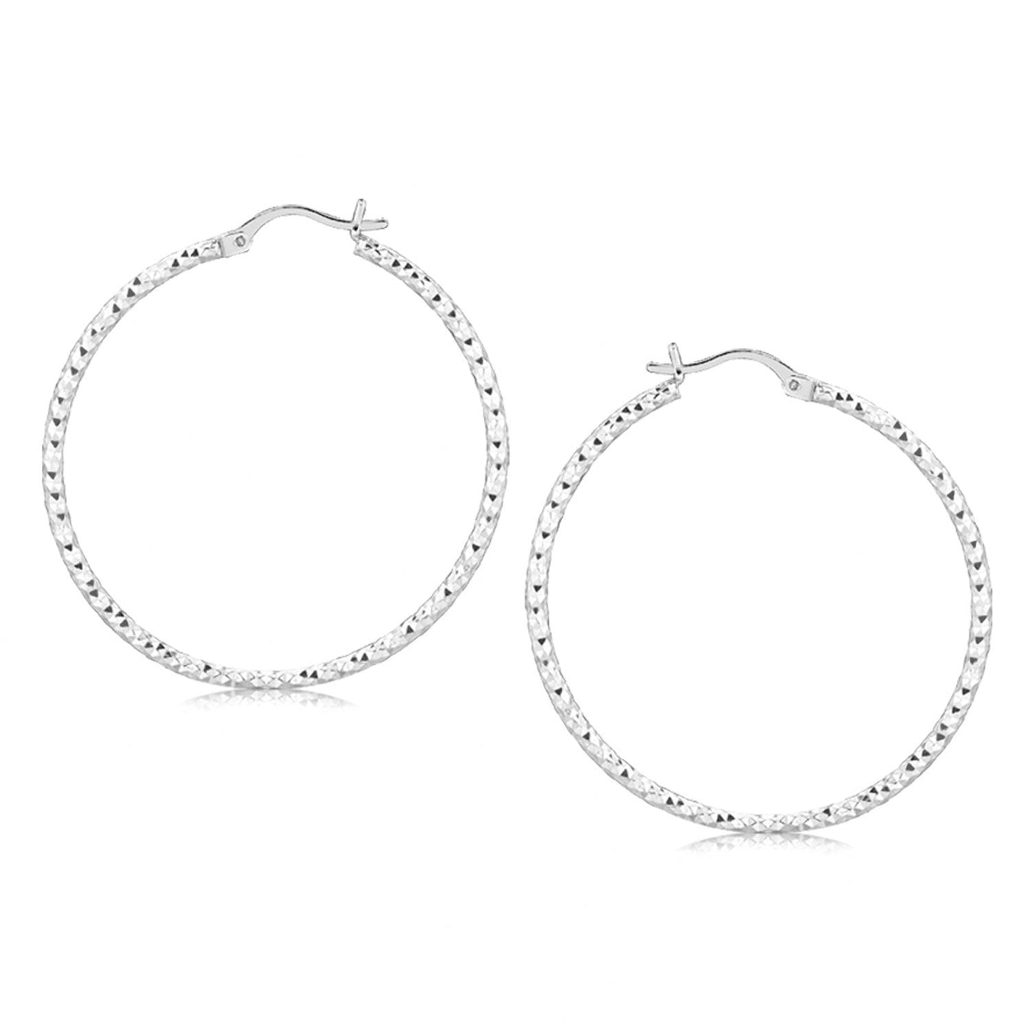 Sterling Silver Rhodium Plated Large Faceted Hoop Earrings
