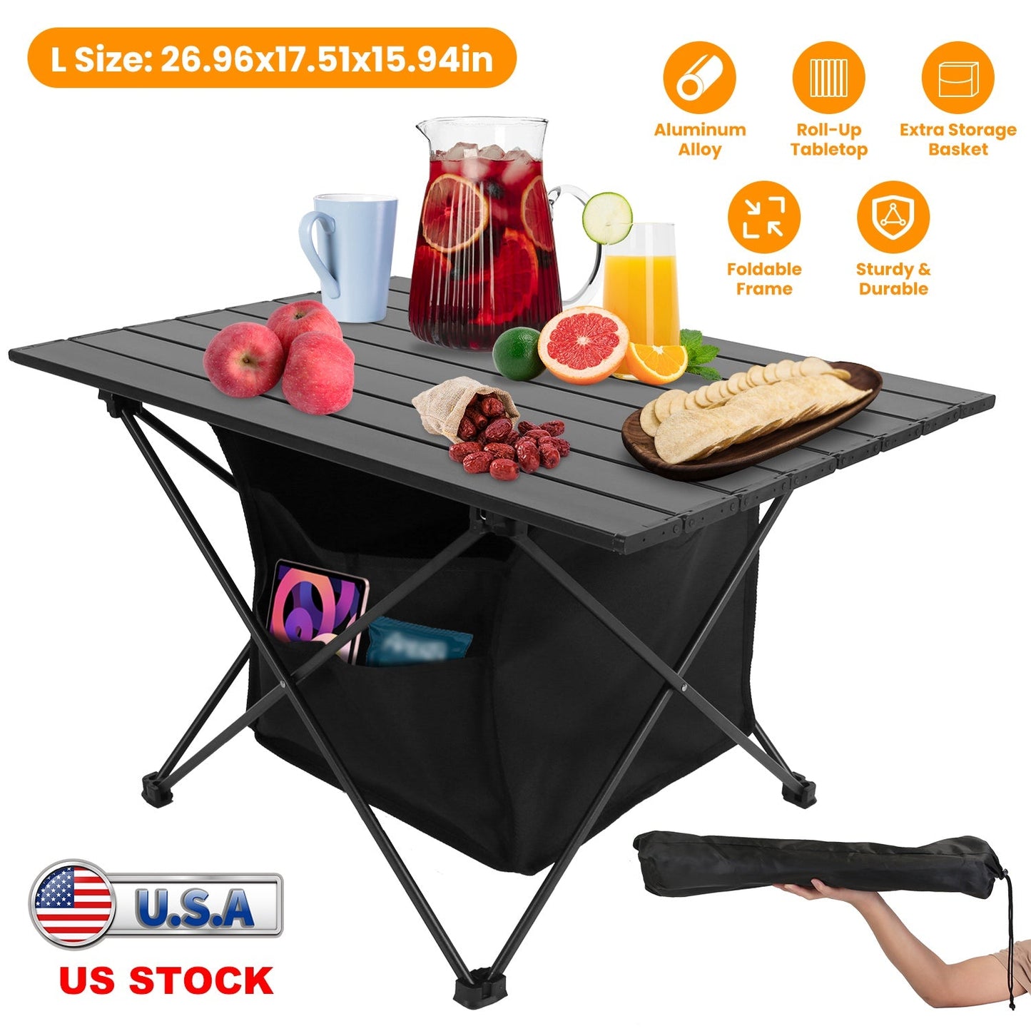Foldable Camping Table with Storage Basket - Portable Aluminum Alloy
