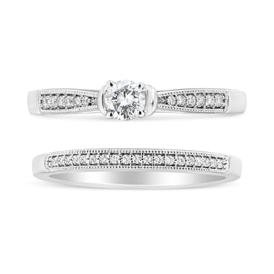 Ensemble de Bague de Fiançailles en Argent Sterling .925 avec Diamant - Taille 7