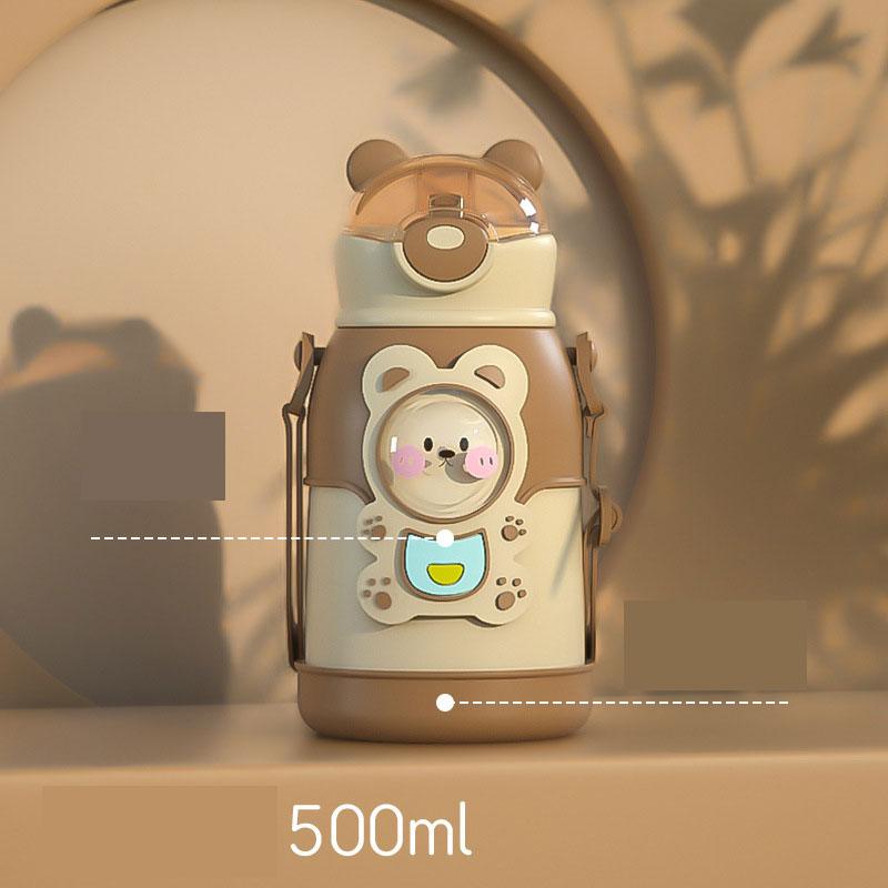 500ml Insulated Stainless Steel Kids Water Bottle - Cute Cartoon Design with Straw & Adjustable Strap - Korvel