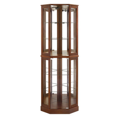 6 shelves corner Curio display cabinet with light mirror and adjustable shelves, walnut wood (excluding E26 light bulbs) - Korvel