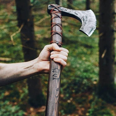 Handcrafted Viking Battle Axe with Premium 1095 Steel Blade & Leather-Wrapped Rosewood Handle - Korvel