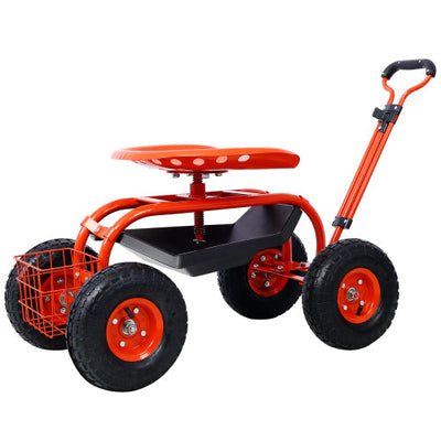 Garden cart rolling scooter, adjustable height with 4 wheels and extendable handle with 360 degree seat and tool tray (red) - Korvel
