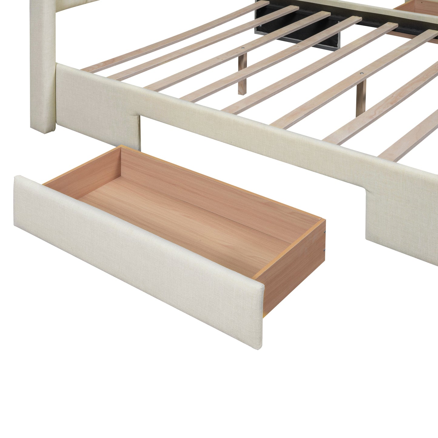 Full Size Upholstered Platform Bed with One Large Drawer in the Footboard and Drawer on Each Side Beige - Korvel
