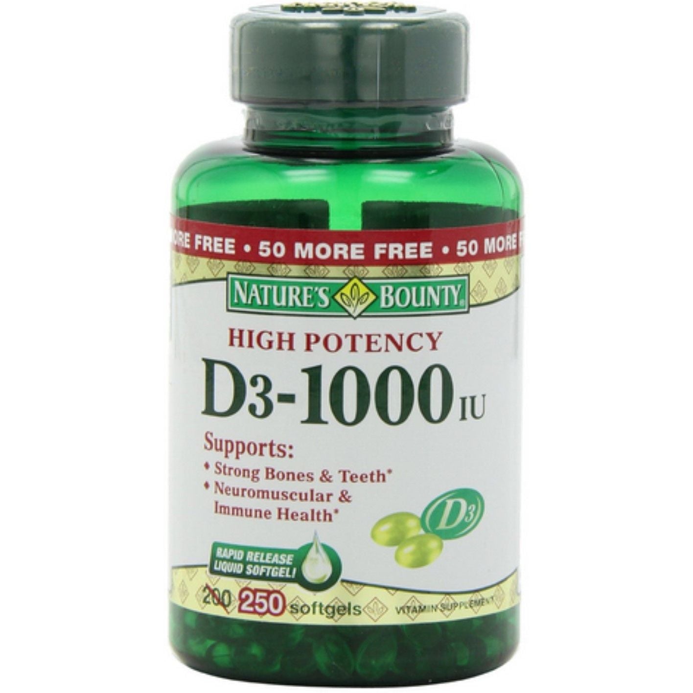 Nature's Bounty Vitamine D3, 25 Mcg (1000 UI), 250 Gélules Molles