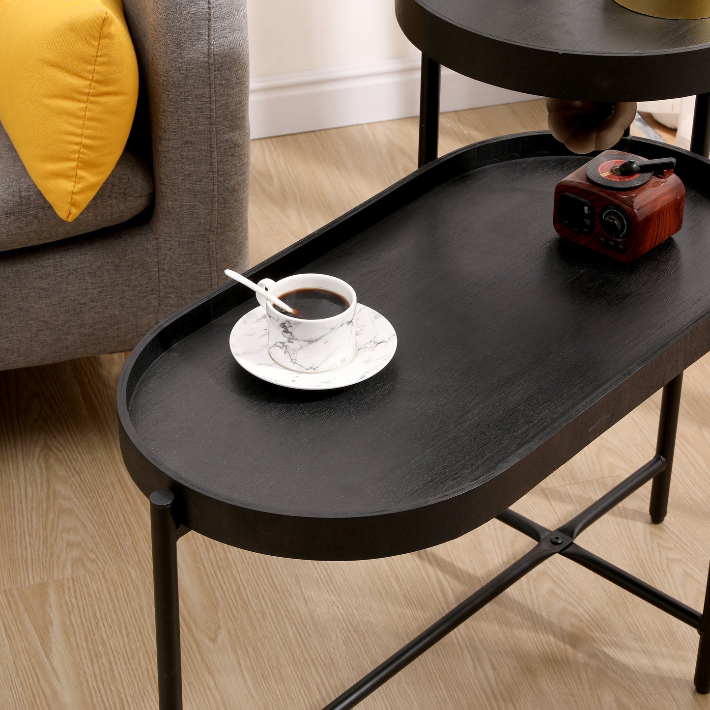 2-Tier Black Side Table with Storage Sofa Table for Living Room Metal Frame & Wooden Desk End Table - Korvel