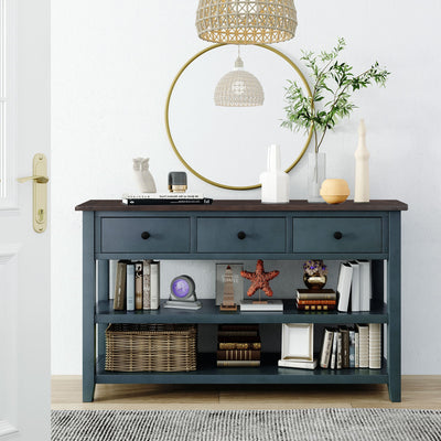 Retro Design Console Table with Two Open Shelves, Pine Solid Wood Frame and Legs for Living Room (Navy) - Korvel