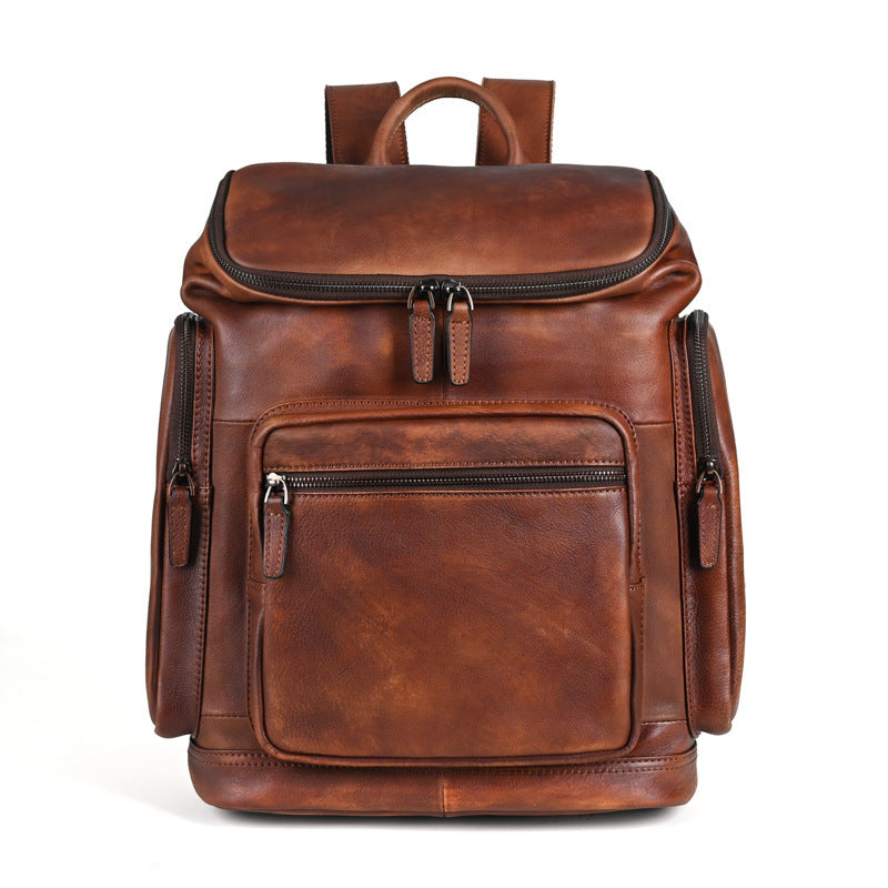Mochila de Cuero de Doble Capa Retro Genuina para Hombres