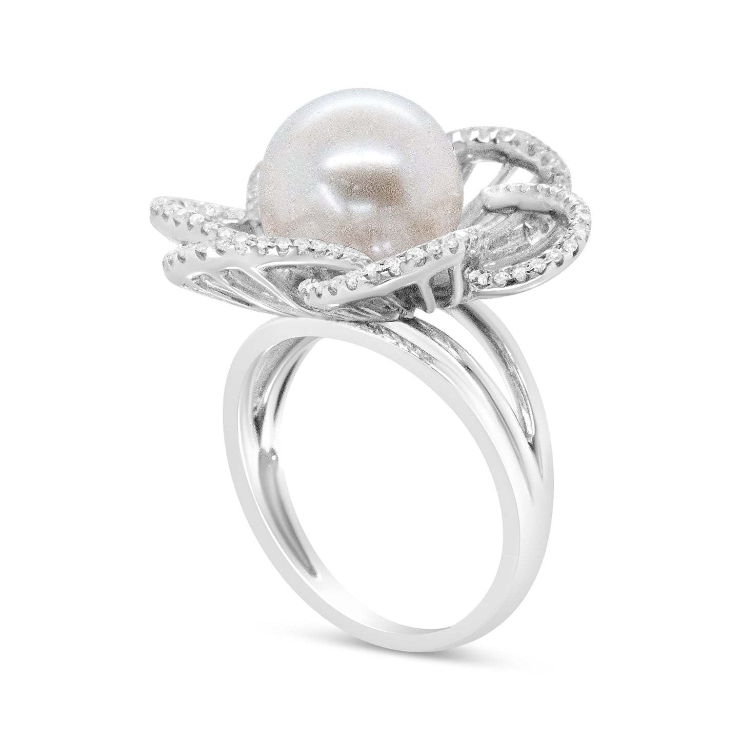 14K White Gold Pearl and Diamond Flower Blossom Ring - Size 6.50