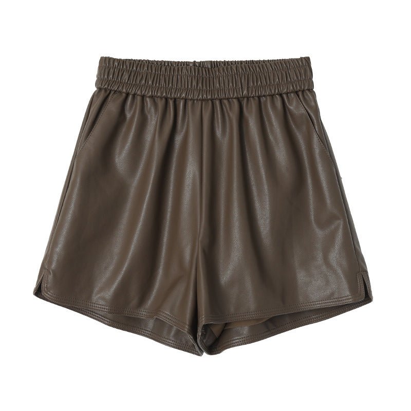 Loose A-line wide leg elastic short leather pants - Korvel