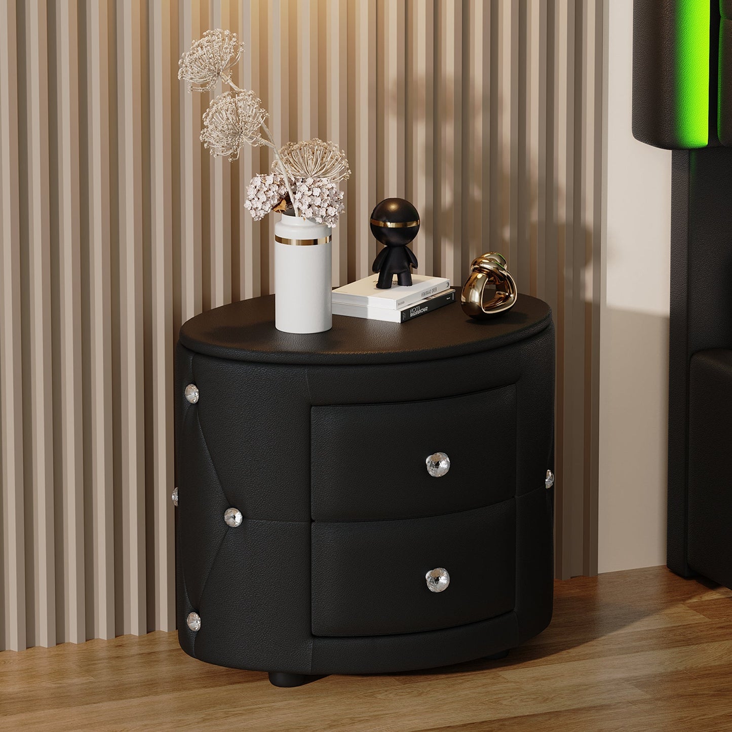 Elegant PU Nightstand with 2 Drawers and Crystal Handle,Fully Assembled Except Legs&Handles,Storage Bedside Table - Black - Korvel