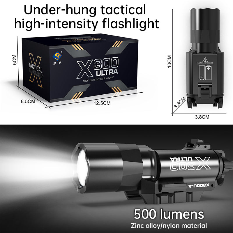 Tactica Flashlight X300-B/X300U-B/XU35: metal pistol gun strobe LED lights for 20mm rails, ideal for airsoft and hunting. - Korvel