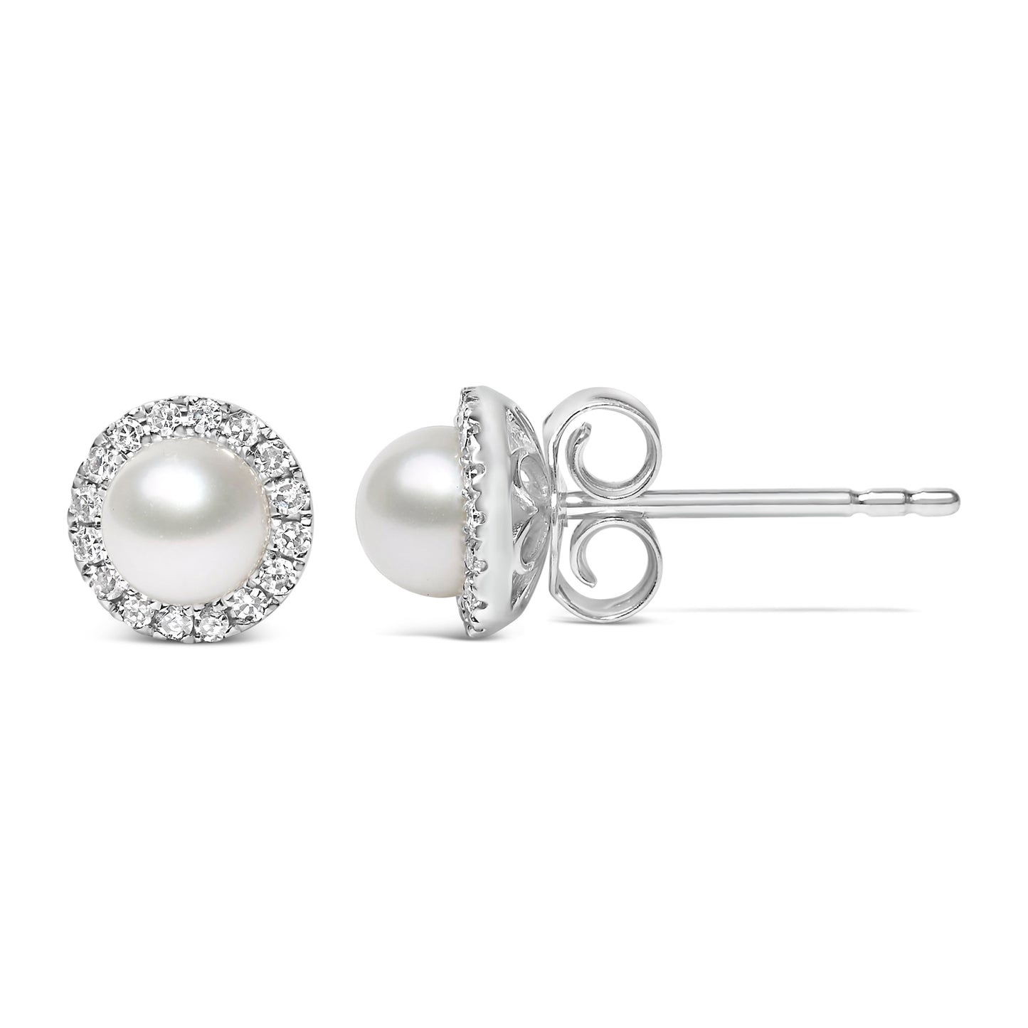 10K White Gold Pearl and Diamond Halo Stud Earrings