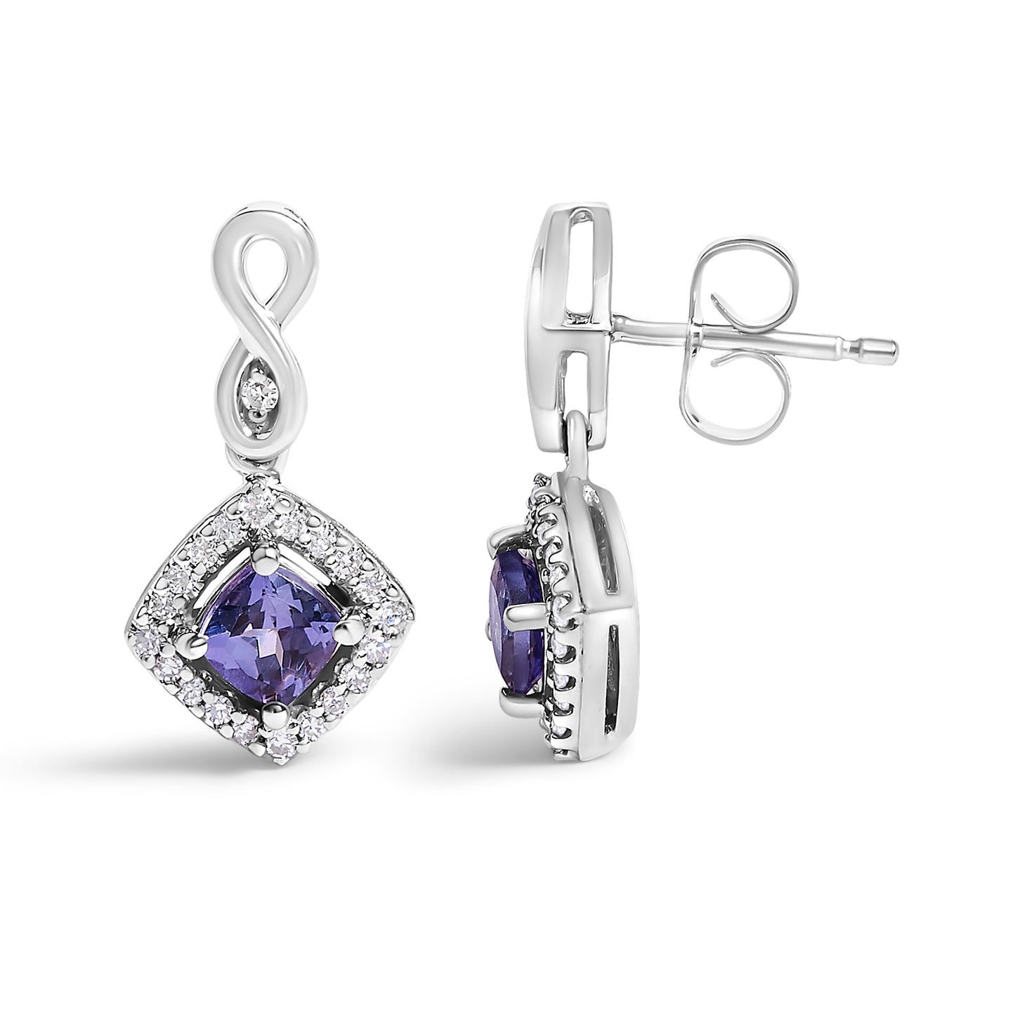Pendientes de gota de diamante y tanzanita azul púrpura de oro blanco de 10 quilates
