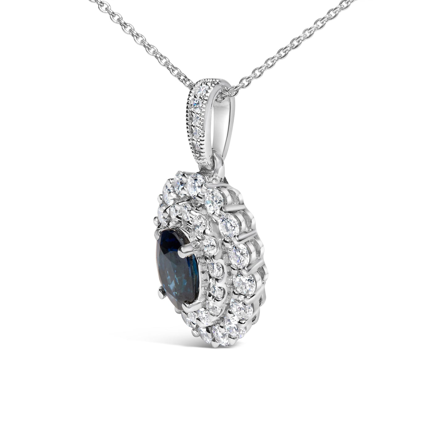 Collar con colgante de halo de diamantes y zafiro azul en oro blanco de 14 quilates