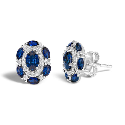 14K White Gold Blue Sapphire and Diamond Vintage Style Stud Earrings
