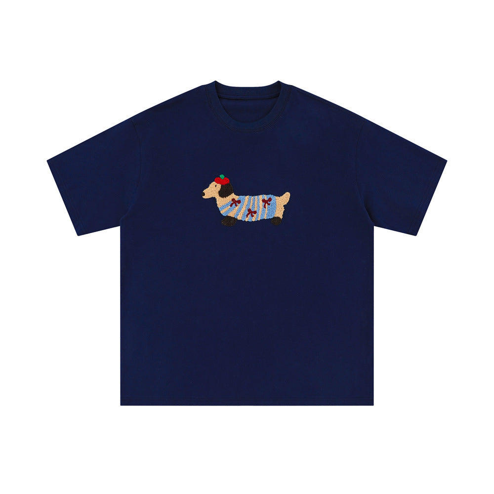 Camiseta de algodón de manga corta bordada de perro salchicha - T-Shirt unisex casual